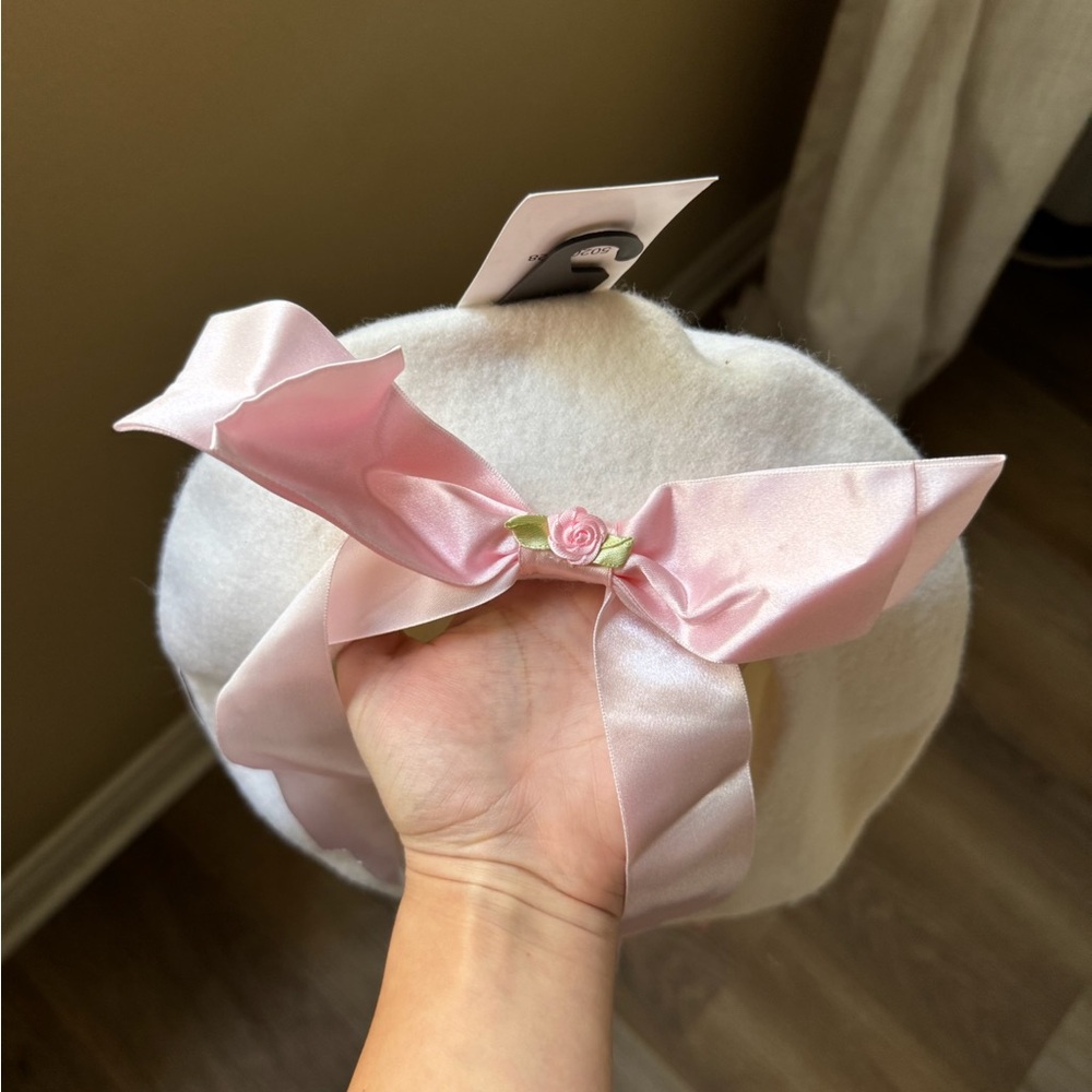 White Baret Hat with Pink Ribbon - Picture 5 of 5